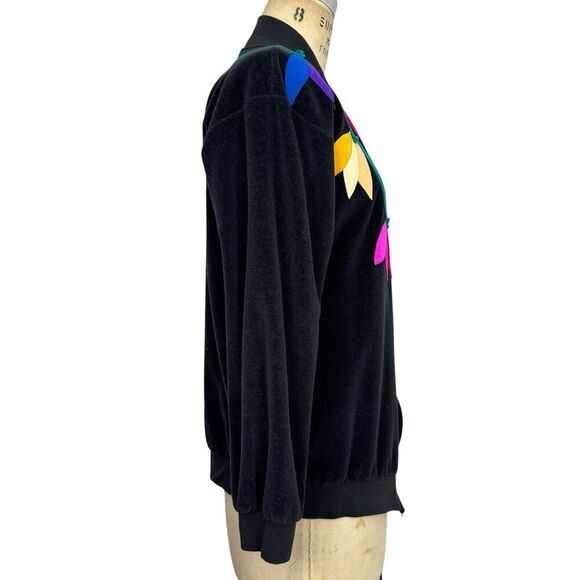 Vintage Ella Manfredi Women's Velour Track Jacket Small Black Floral USA Granny - Picture 3 of 13